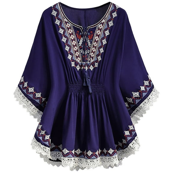 WERYOUNG Women's T-Shirts Bohemian Embroidered T Shirts Short Sleeve V Neck Fashionable Tee Shirts Outdoor Activities Stylish Comfortable Top