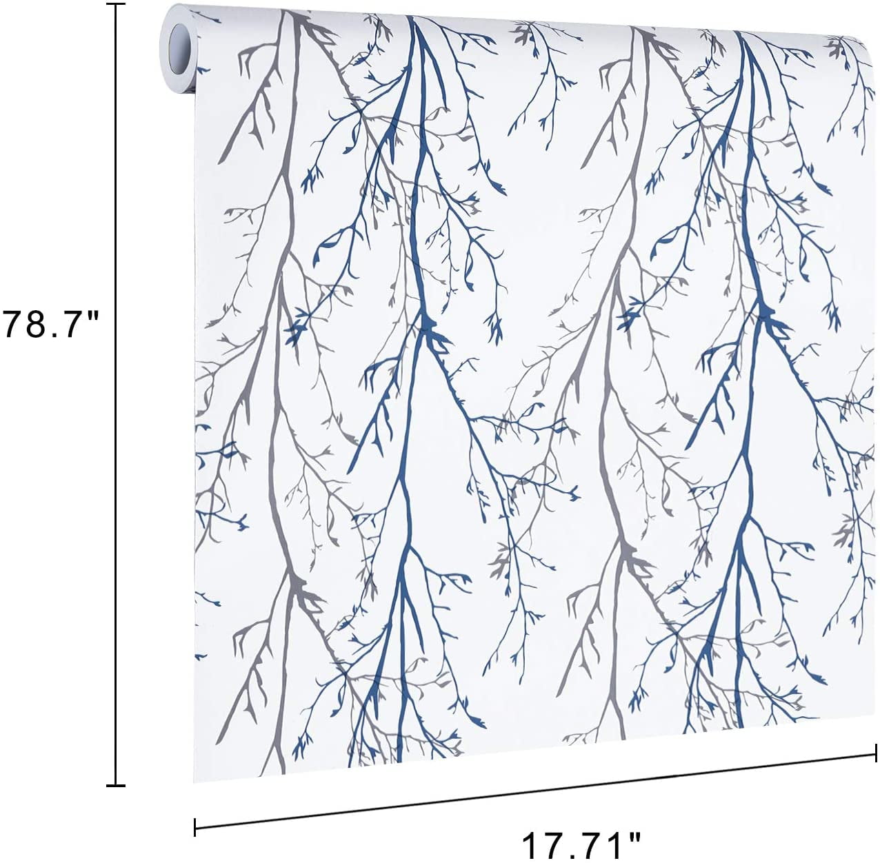 Caltero Peel and Stick Wallpaper Grey Blue Tree Branch Self Adhesive Wallpaper,17.7" x 590"
