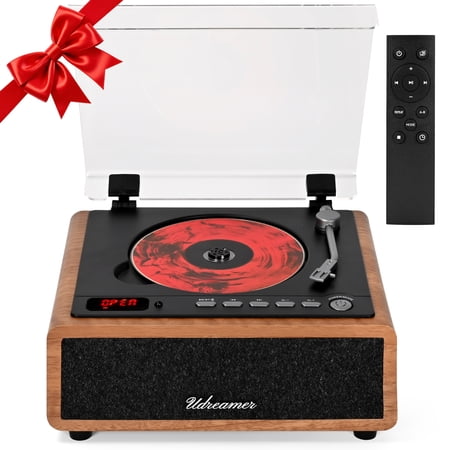 Udreamer Retro CD Player, Vintage CD Players for Home | HiFi Bass Boost & FM Radio with Remote Control,Sleep Timer,USB/AUX IN,Brown