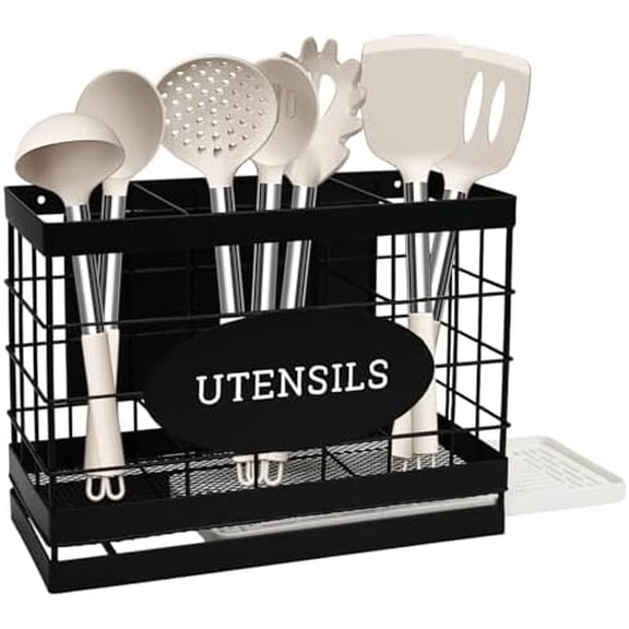 Magnetic Utensil Holder for Fridge Large Silverware Organizer Kitchen Utensil Organizer with Draining Kitchen Counter Sturdy Black Metal Cooking Caddy Storage for Silicone Spatula Fork Spoon