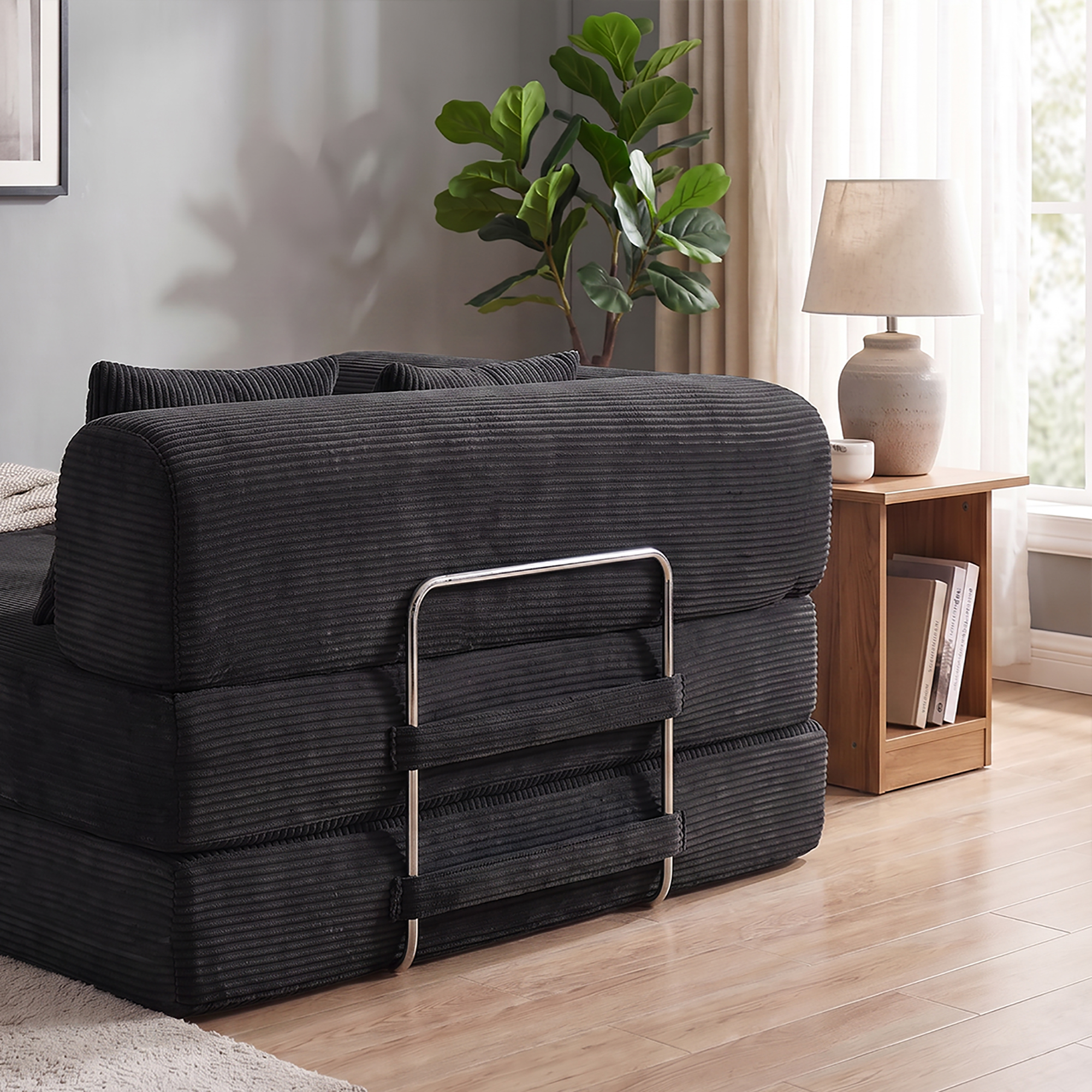 HOQBN Convertible Sofa Bed, Corduroy Fold Out Futon Sleeper Mattress with Pillows, Boneless Folding Floor Couch for Living Room Bedroom Black