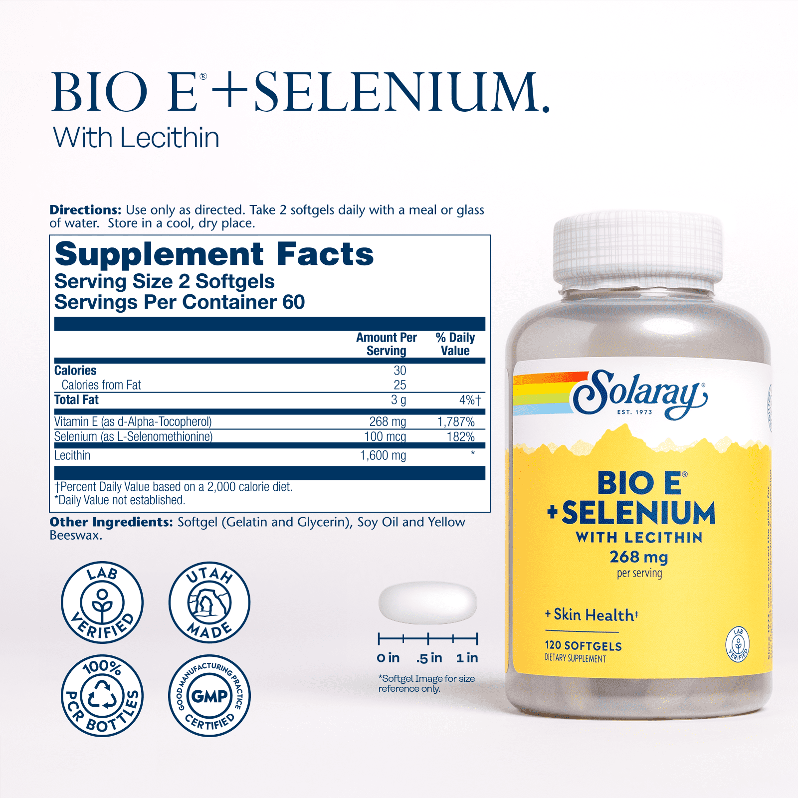Solaray Bio Vitamin E with Selenium 400IU | Healthy Cardiac Function, Antioxidant Activity & Skin Support | High Absorption | 120 Softgels