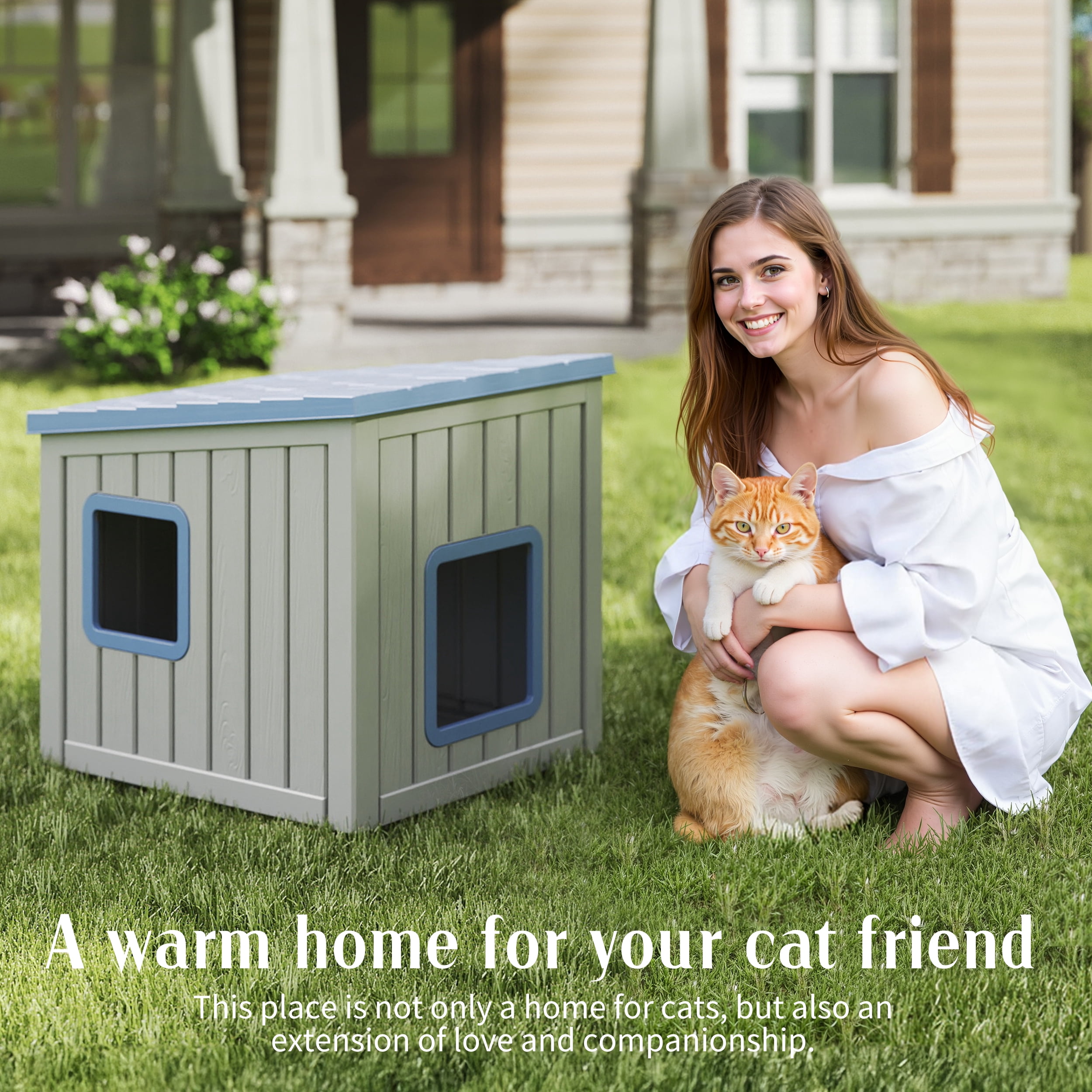 fazzn Outdoor Cat House,Waterproof Resin Cat Houses for Feral Cats,Robust and Easy to Assemble,Feral Cat Shelter for Winter,Suitable for Cats, Rabbits and Other Small Animals.Black/Blue,Father's Day