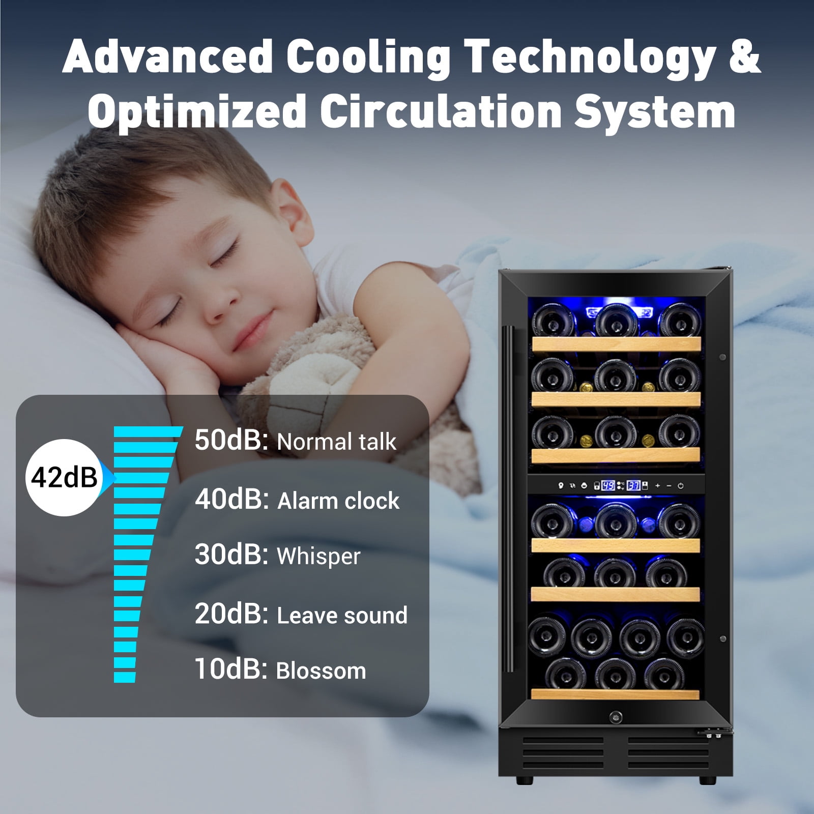 TITTLA 15 Inch Wine Cooler Refrigerator,30 Bottle,Daul Zone,Low Noise Wine Fridge ,Built-in or Freestanding,Black