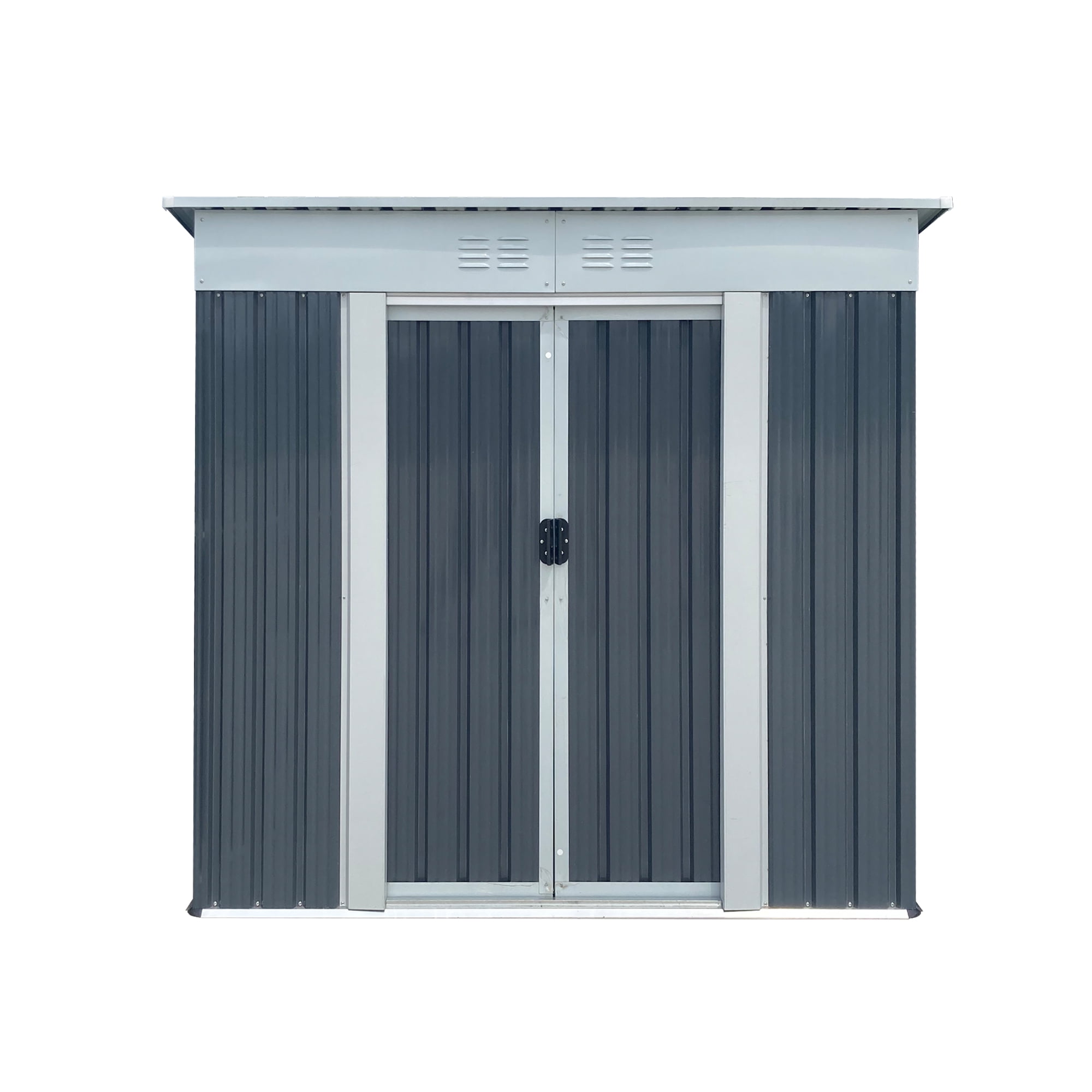 Mintazer 6x4 ft Pent Sloped Roof Outdoor Galvanized Metal Storage Shed with Lockable Sliding Double Doors & Top Vents, Weatherproof Garden Tool Storage House for Backyard Patio Lawn, Grey