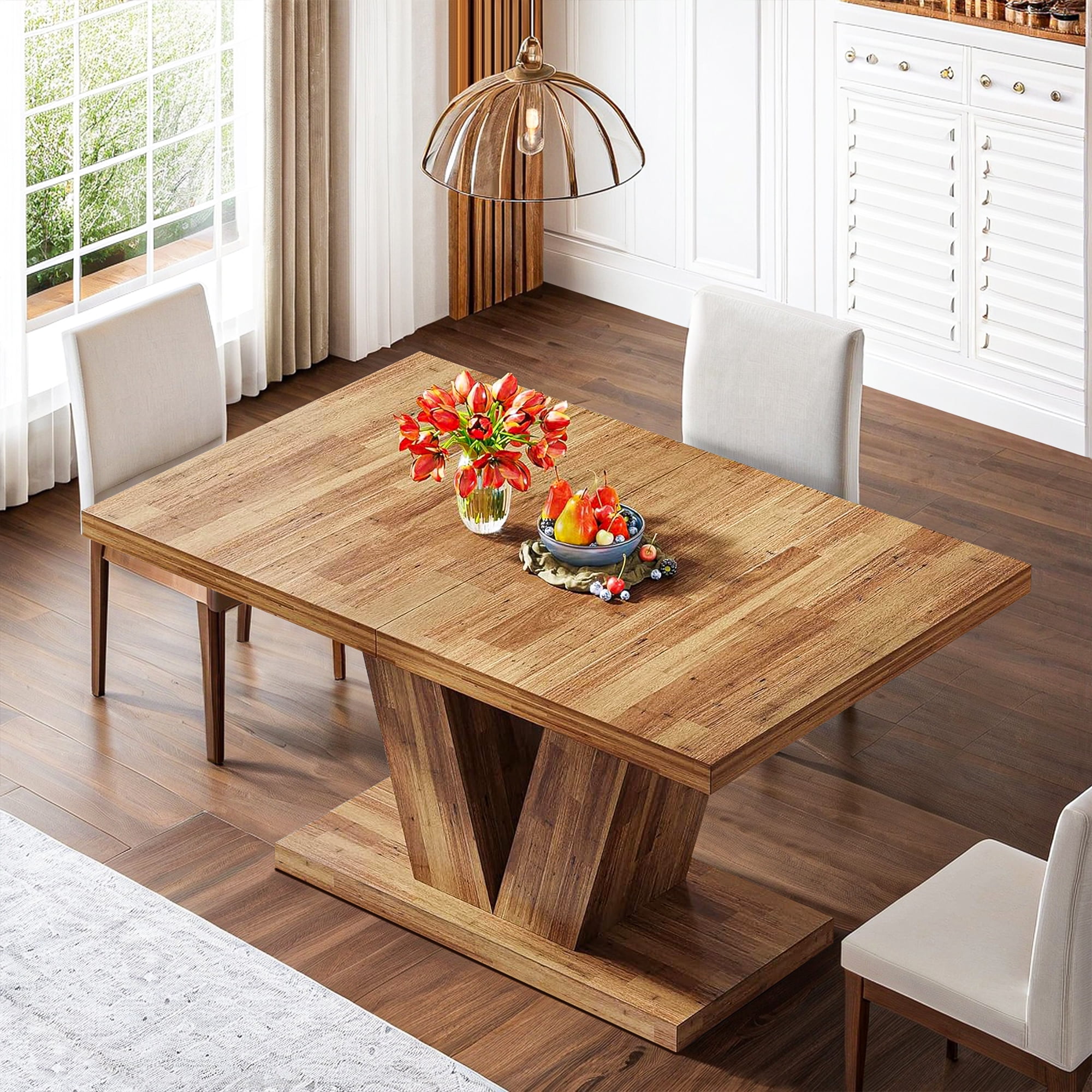 Demi Bonn 47" Modern Dining Table for 4 People, Wood Farmhouse Kitchen Table with Duty Pedestal for Dining Room, Home, Brown