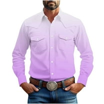 Men's Button Down Shirt Gradient Color Wrinkle Free Shirts Long Sleeve Cotton Work Shirts with Two Pockets