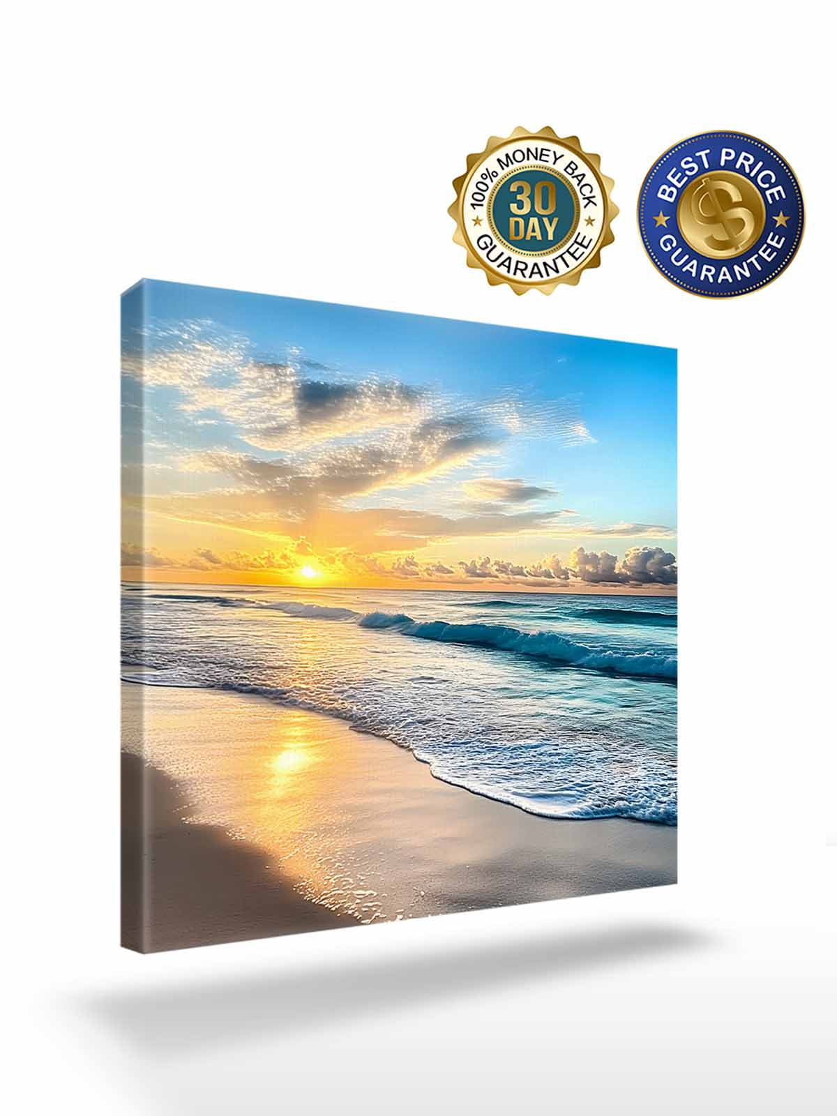 Ocean Sunrise Sunset Canvas Wall Art, Beach Waves Sea Scenery Framed Wall Decor Modern Artwork Prints Painting for Living Room, Bedroom, Kitchen & Cafe Decor 12x12 Inch