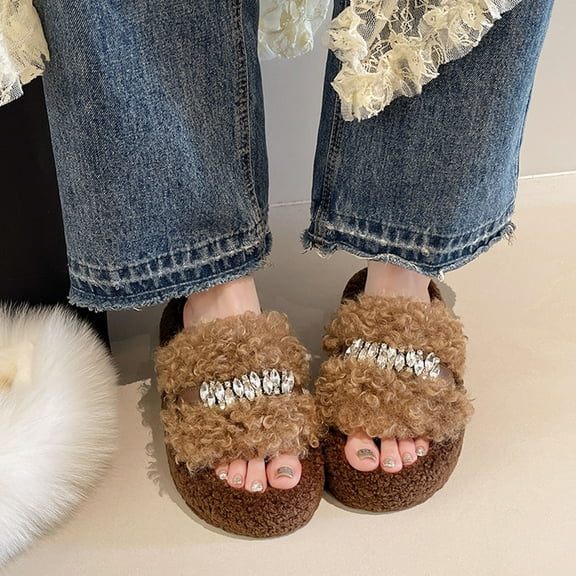 Heisall Women's Thick-Soled Rhinestone Open-Toe Slippers, Plush Fleece Lined Fuzzy House Shoes with Non-Slip Sole for Fall and Winter Indoor Comfort, Multi-Color Options