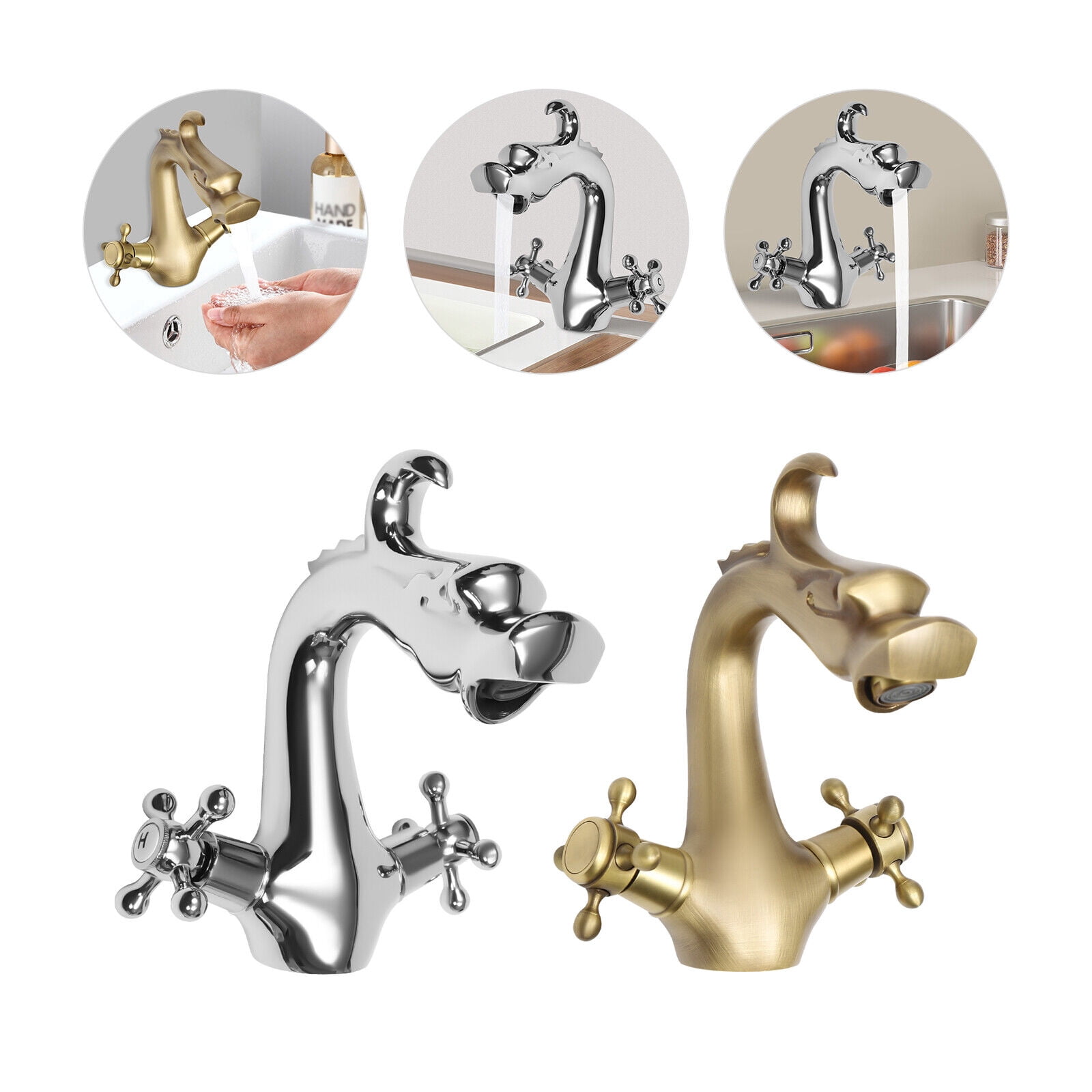 Dragon Shape Silver/Gold Two-Handle One Hole Bathroom Sink Mixer Tap Faucet for Homes, Restaurants, Shopping Centers