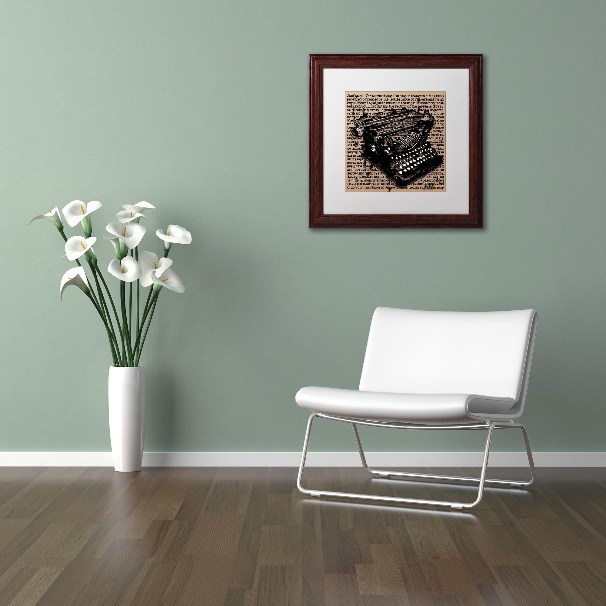 Trademark Fine Art "Three-Quarter Typewriter" Canvas Art by Roderick Stevens, White Matte, Wood Frame