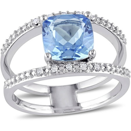 Tangelo 2-1/2 Carat T.G.W. Blue Topaz and Diamond-Accent Sterling Silver Double Band Design Cocktail Ring