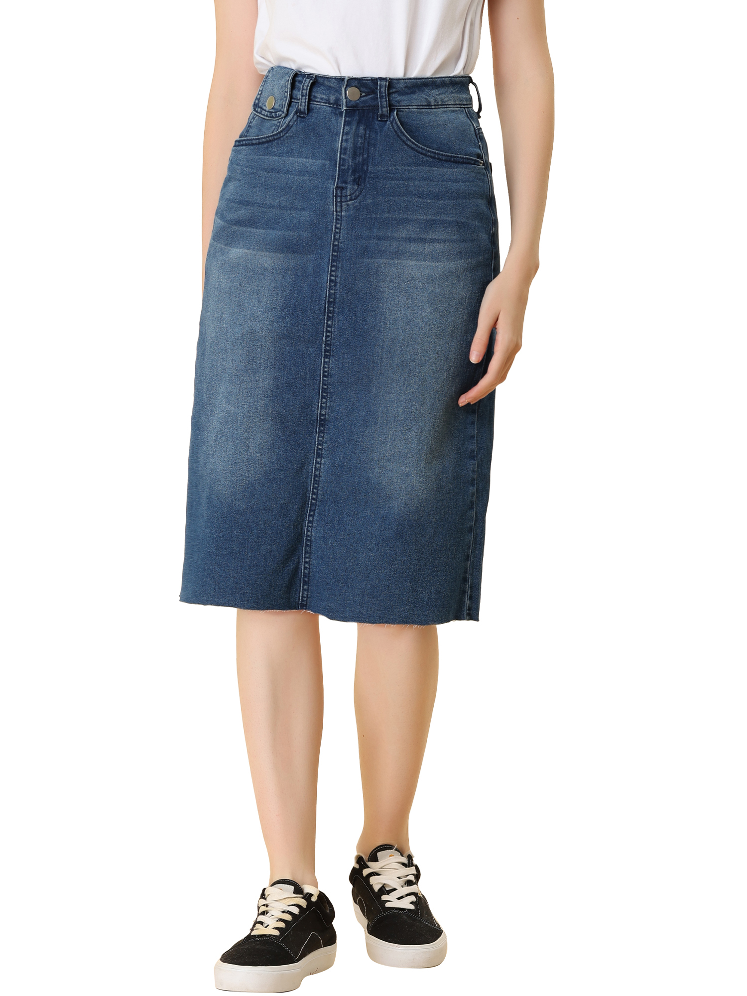 DARING DIVA Women's Jean Back Vent Midi Length Denim Skirts M M-Blue