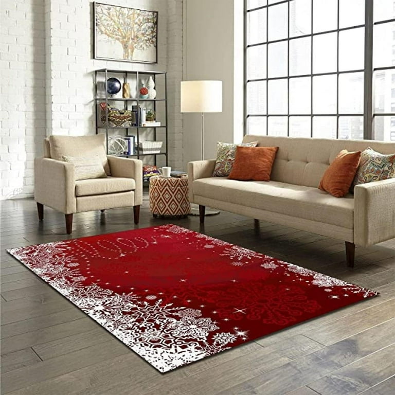 Snowflake Christmas Red Area Rug, Red Festive Christmas Holiday