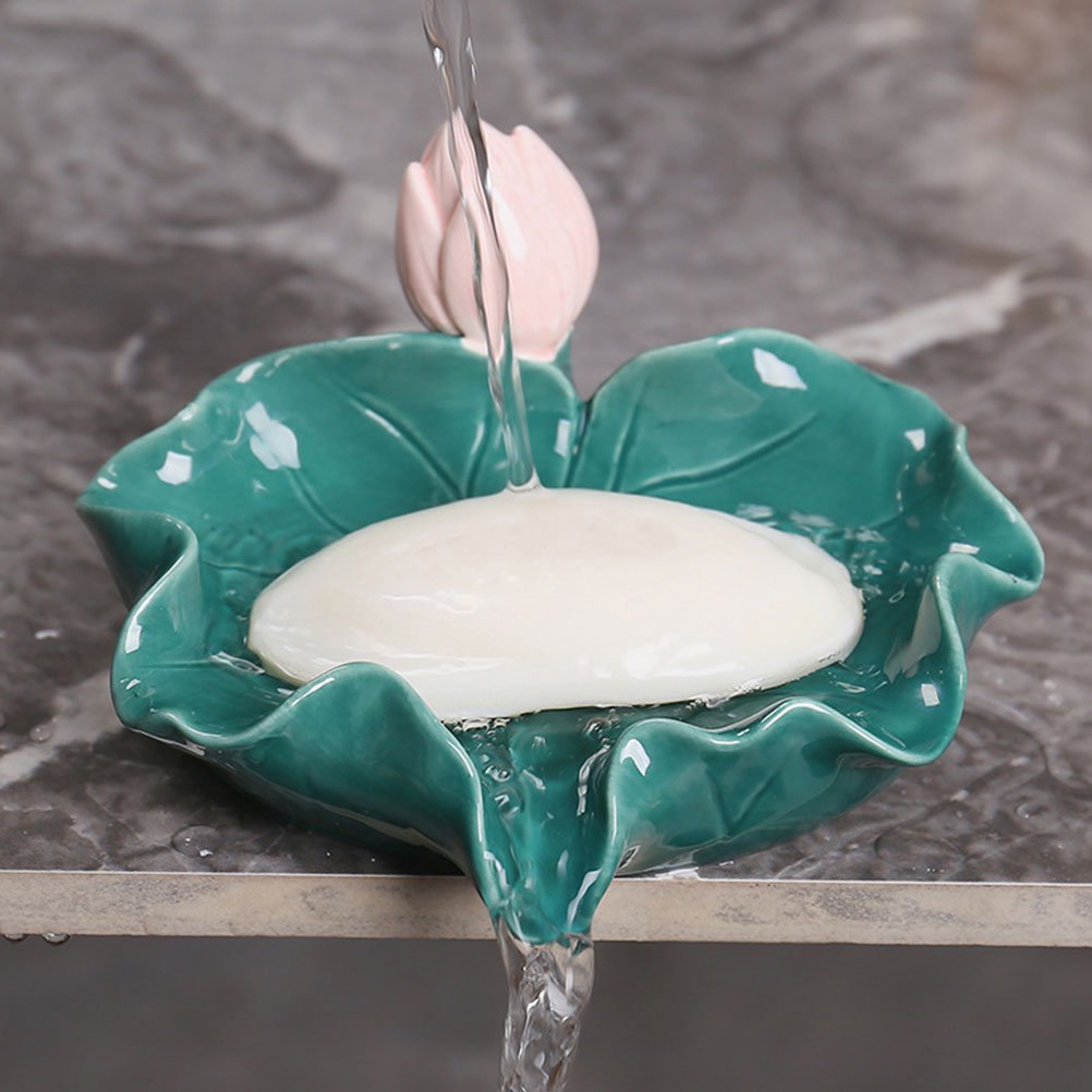 AURARMLET Lotus Leaf Shape Soap Saver for Shower Ceramic Draining Soap Dish 1Pack