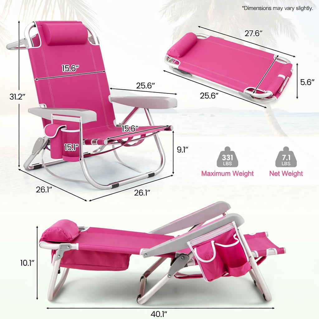 Hommoo Foldable Beach Chair with Cup Holder & Storage Pockets, Lightweight Aluminum Outdoor Chair for Beach, Pool & Lawn, Pink