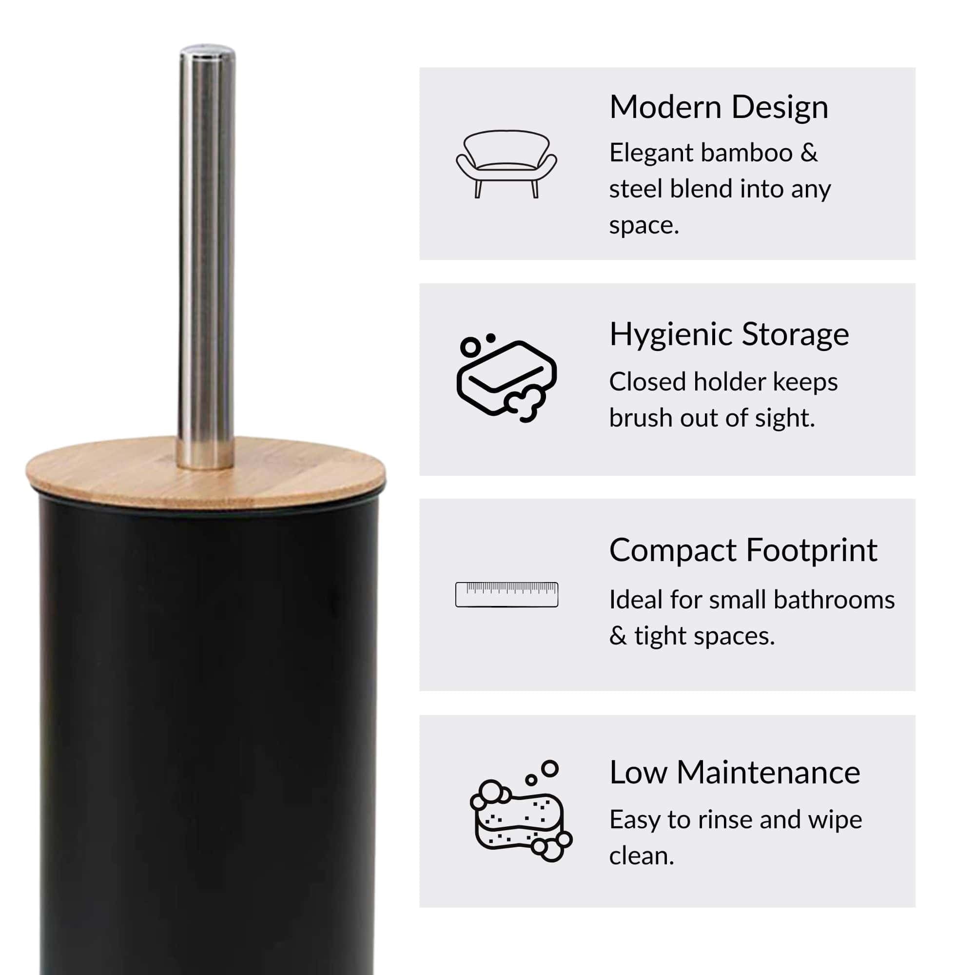 Black Metal Toilet Brush and Holder Set With Bamboo Lid