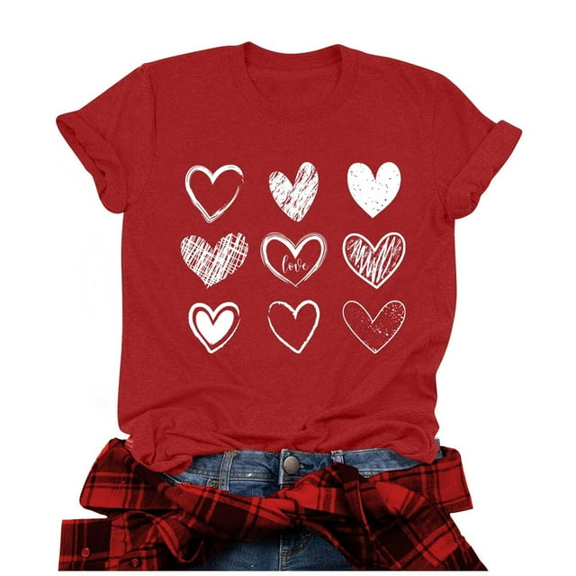 Penkiiy T-Shirts Graphiques de la Saint-Valentin pour Femmes Manches Courtes Imprimé Cœur Chemises Blouses Hauts TG Rouge