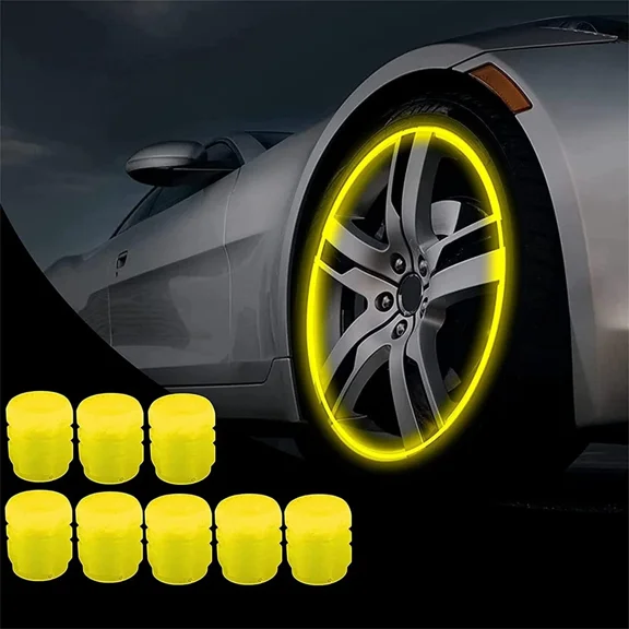 NURATIT Tire Valve Stem Caps for Car, 8PCS Fluorescent Glow in The Dark Air Caps Cover, Illuminated Corrosion Resistant Tire Pressure Caps, Universal for Car, Truck, SUV, Motorcycles, Bike (Yellow)
