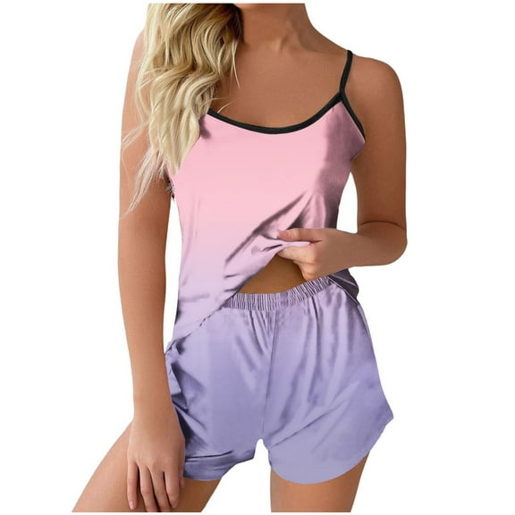 WRKEKC Lounge Sets for Women Polka Dot Print Sleeveless Spaghetti Strap Top with Color Block Shorts for Sleepwear and Home