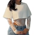 thumbnail image 3 of Women's Round Neck Patchwork Lace Bodysuit, Mock Two Piece Long Sleeve Casual Top, Y2K Fashion T-Shirt Style Jumpsuit for All Seasons, Fall Winter Wardrobe and Daily Wear White XXXL, 3 of 8
