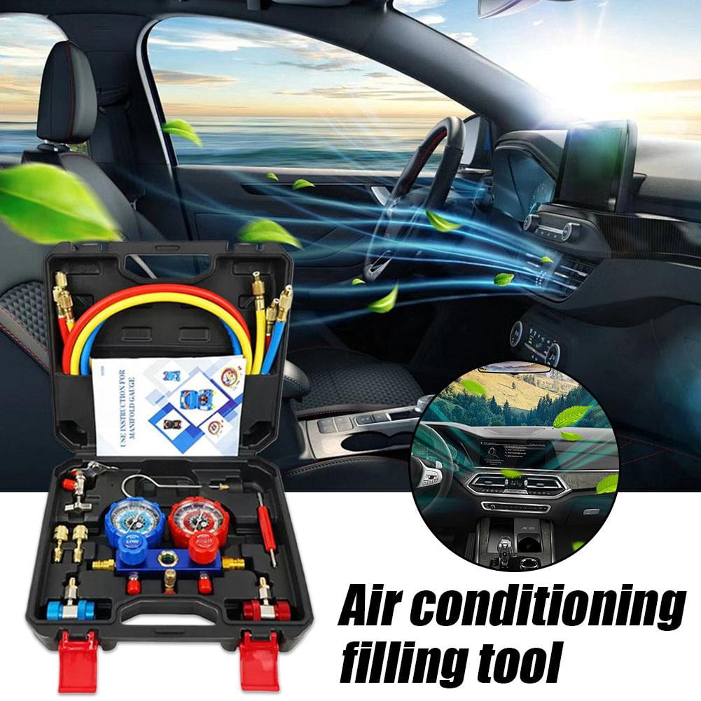 AC R1234YF Gauge Set, Automotive 4 Way R1234yf Refrigerant Recharge Kit,Auto R1234yf R134a Refrigerant Conditioner Recharge Kit, HVAC Gauges with Hoses