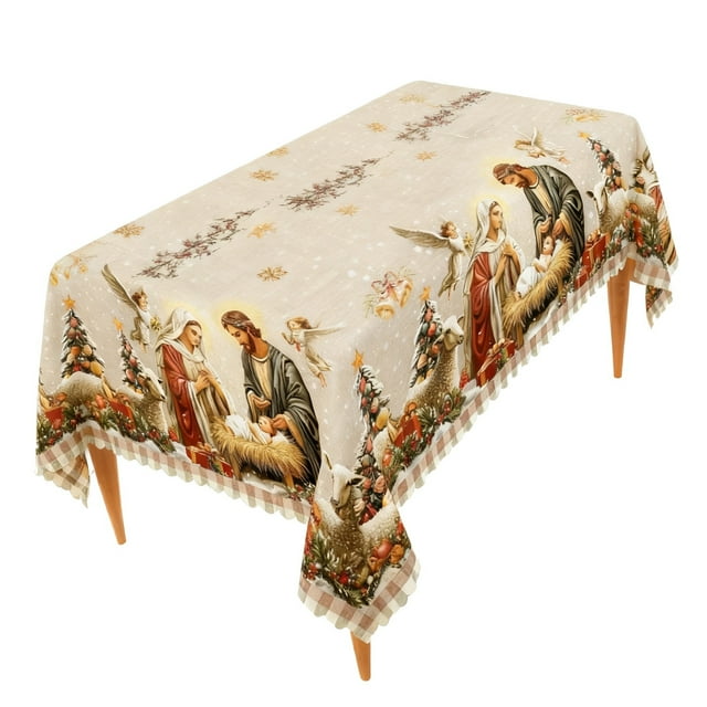 AHMT Christmas Nativity Patterns Tablecloth, 7.1Ft x 5Ft Christmas Tablecloths, Party Supplies, Vintage Traditional Style for Restaurant Party Family Dining Festival