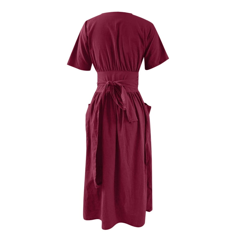 Women's V Neck Cotton Linen Wrap Midi Dress Short Sleeve Casual Solid Color High Waisted Dresses with Pockets - Walmart.com Women's V Neck Cotton Linen Wrap Midi Dress Short Sleeve Casual Solid Color High Waisted Dresses with Pockets - Walmart.com