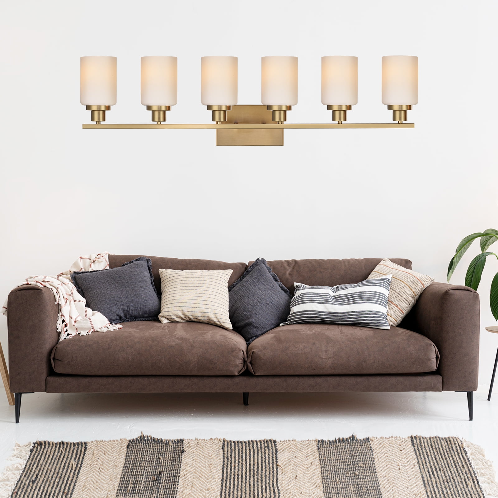 Melucee Modern Bathroom Light Fixtures, 6 Light Vanity Lights, Brass Wall Lamp with White Glass for Bathroom