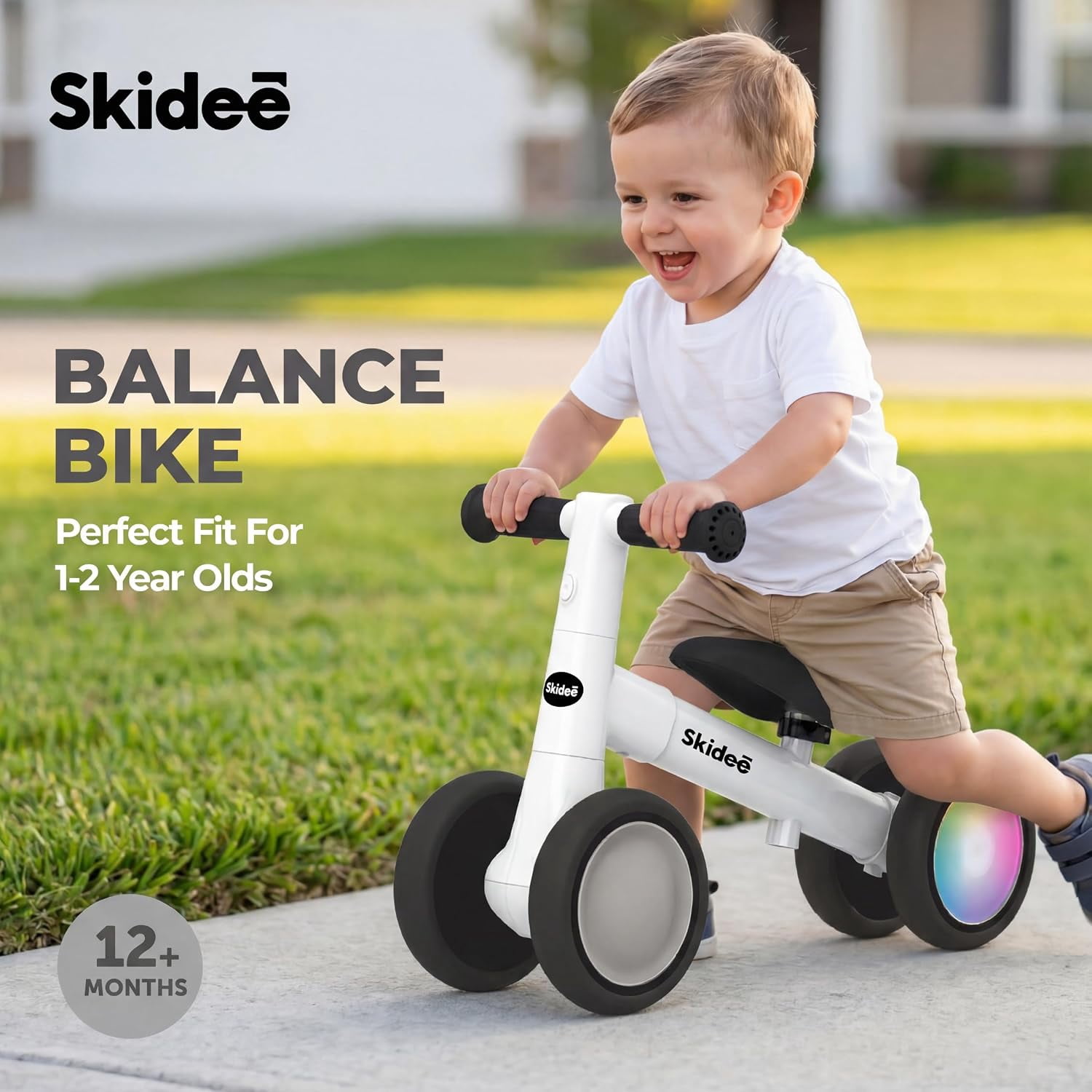 Skidee Toddler Balance Bike 1-3, 4-Wheel Balance Bike with Rare Light-Motion-Activated LED Wheels, Adjustable Height & Child Safe Steering, Lightweight Ride-On Toy Training Bike for Boys & Girls