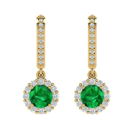 2.235 ct Lever-Back Drop Dangle Earrings for Women | 6mm Round Cut Simulated Emerald | 18K Yellow Gold