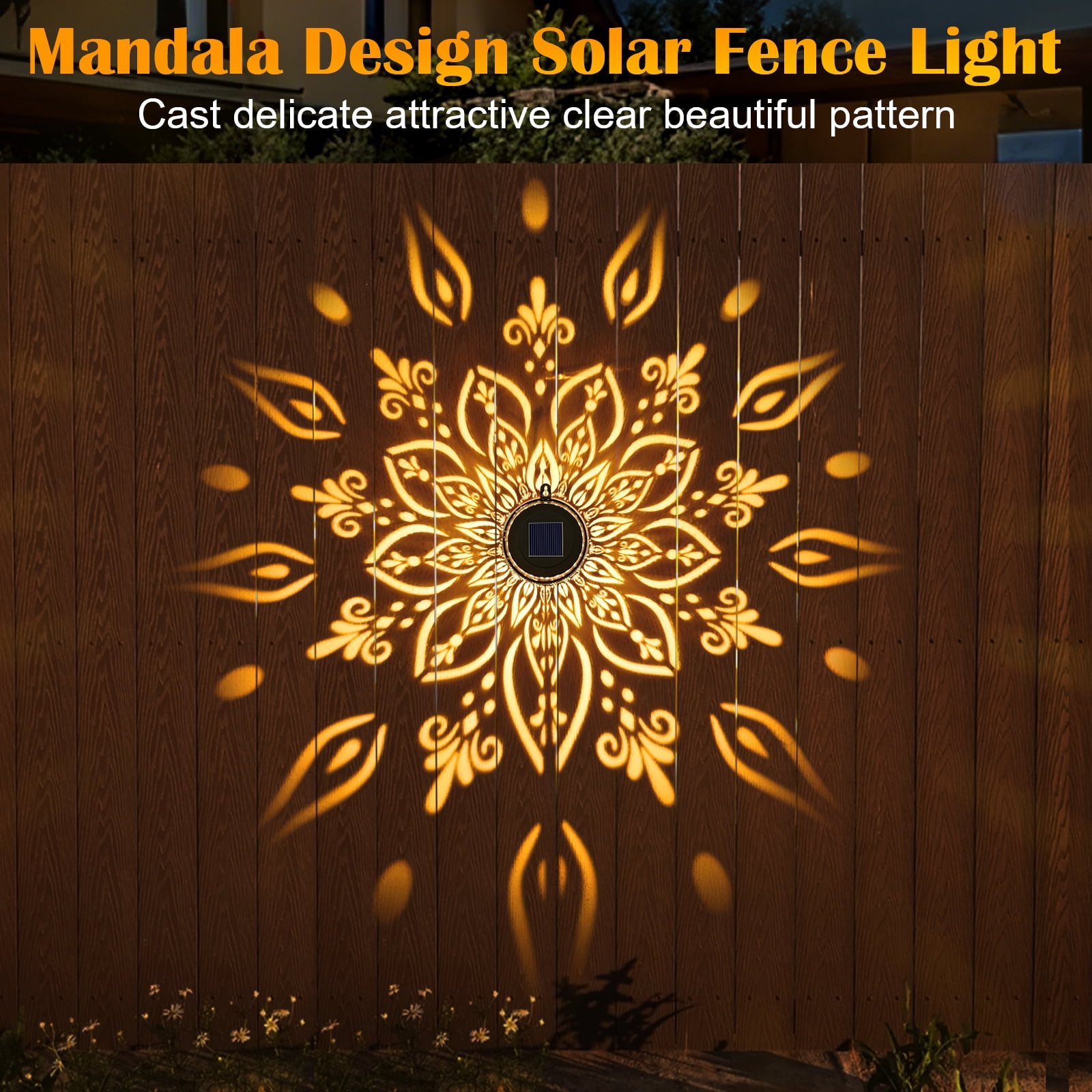 DAZLUTE Solar Fence Lights, Metal Outdoor Wall Light with IP65 Waterproof LED & Auto Sensor, Solar Powered Outsidelight Mandala Theme for Garden Backyard Patio Decor (2 Pack)