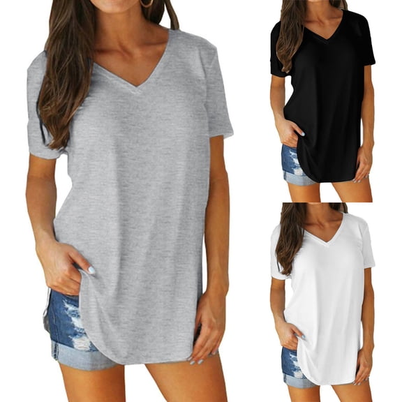 QHWAUAKFBN T Shirts For Women Graphic V-Neck Short Sleeves Pure Color Loose Tshirts Top