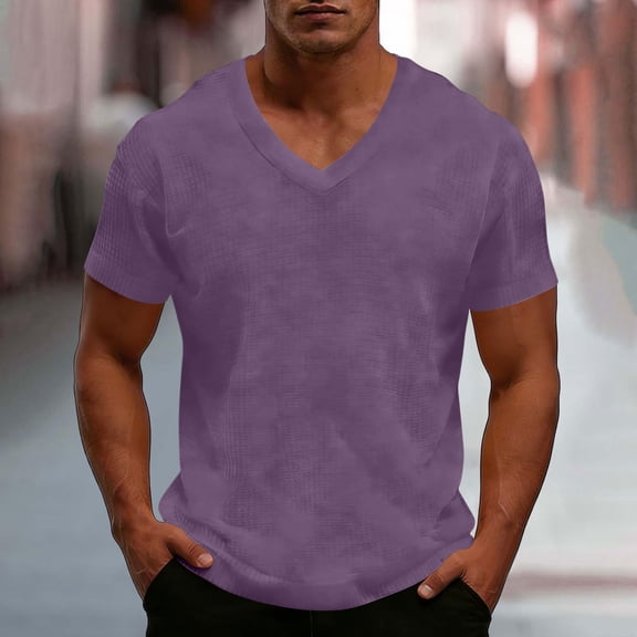 S-5X Plus Size Mens Big & Tall Waffleknit T Shirts Short Sleeve V Neck Tees Tops Casual Solid Color Pullover Loungewear Athletic Workout Tshirts Shirt
