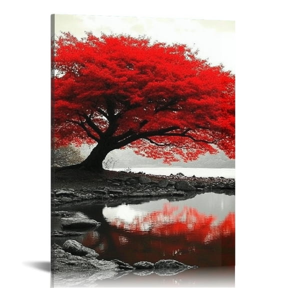 ZFLMY Red Tree Reflection Pond Canvas Wall Decor for Bedroom and Office, Fashion Kitchen Pictures, Home Living Room Bathroom Art 12x16in