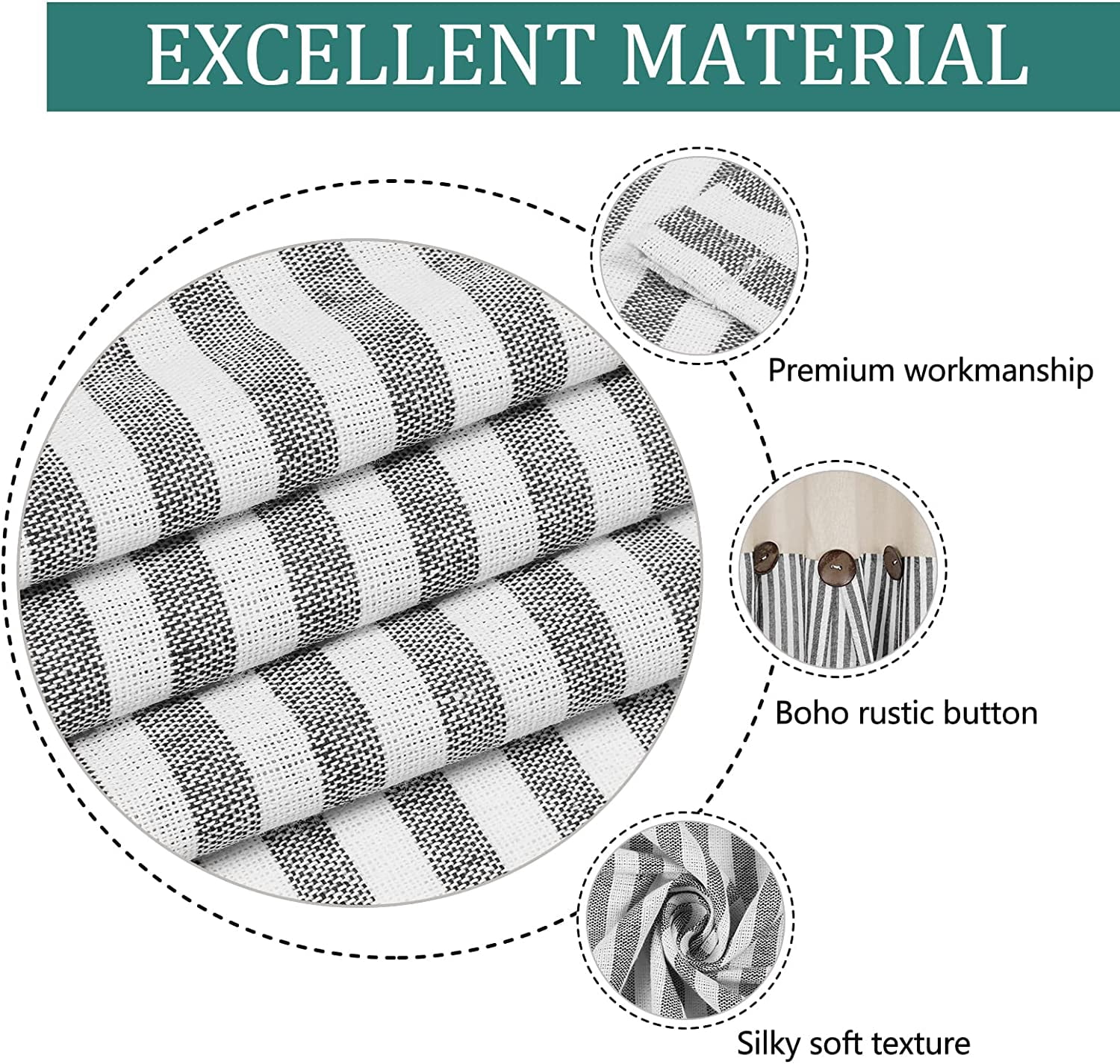 Alishomtll Farmhouse Curtains Natural Grey Stripe Cotton Linen Button Boho Rustic Rod Pocket Back Tab Window Drapes for Living Room ,52 x 84 Inch, 2 Panels