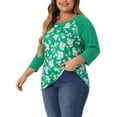 thumbnail image 4 of Agnes Orinda Women's Plus Size Blouse Round Floral Contrast Color Neck 3/4 Raglan Sleeve Casual Peasant Tops 1X Dark Green, 4 of 6