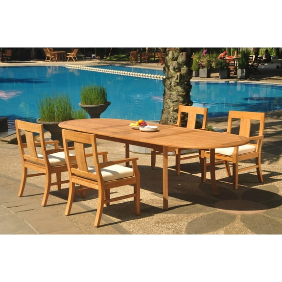Grade-A Teak Dining Set: 4 Seater 5 Pc: 118" Double Extension Oval Table And 4 Osborne Arm Chairs Outdoor Patio WholesaleTeak #WMDSWVm