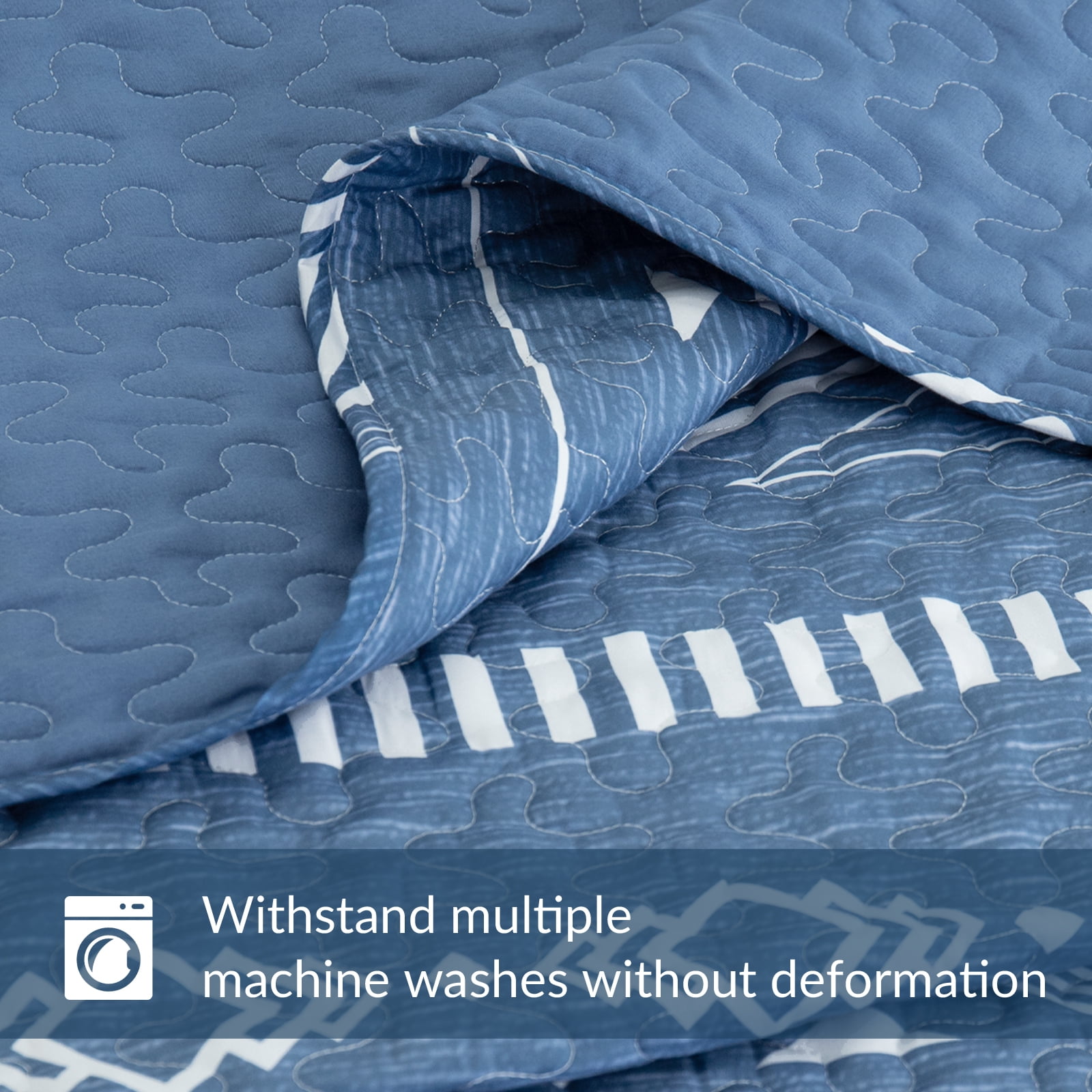 Whale Flotilla Reversible Ultra Soft Printed Quilts Twin Size, Lightweight Patchwork Geometric Stripes Bedspreads Coverlets Twin Quilt Bedding Set with 1 Pillow Sham for All Seasons, Bluish Grey