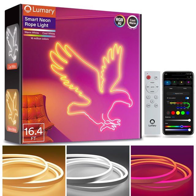 Lumary Smart RGBAICW Neon Rope Lights Indoor, 16.4ft Led Strip Light Works with Alexa/Google Assistant, Warm White to Cool White Rope Light for Bedroom Wa