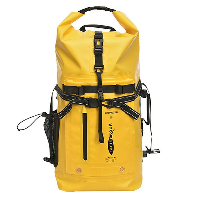 35L Heavy-Duty PVC Waterproof Roll-Top Backpack for Motorcycle Riding, Cycling, Camping & Outdoor Adventures - Yellow (42x18x64cm, 1.4kg)