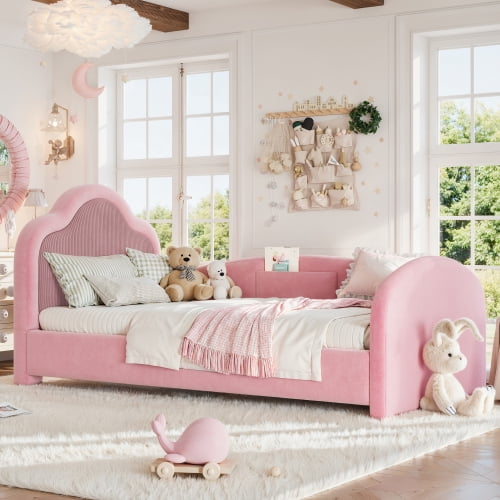 Twin Size Upholstered Kids Floor Bed with Curved Headboard, Safety Side Rails and Storage Pocket, Pink