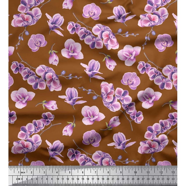 Soimoi Brown polyester Crepe Fabric Saucer Magnolia Floral Printed Fabric 1 Yard 52 Inch Wide