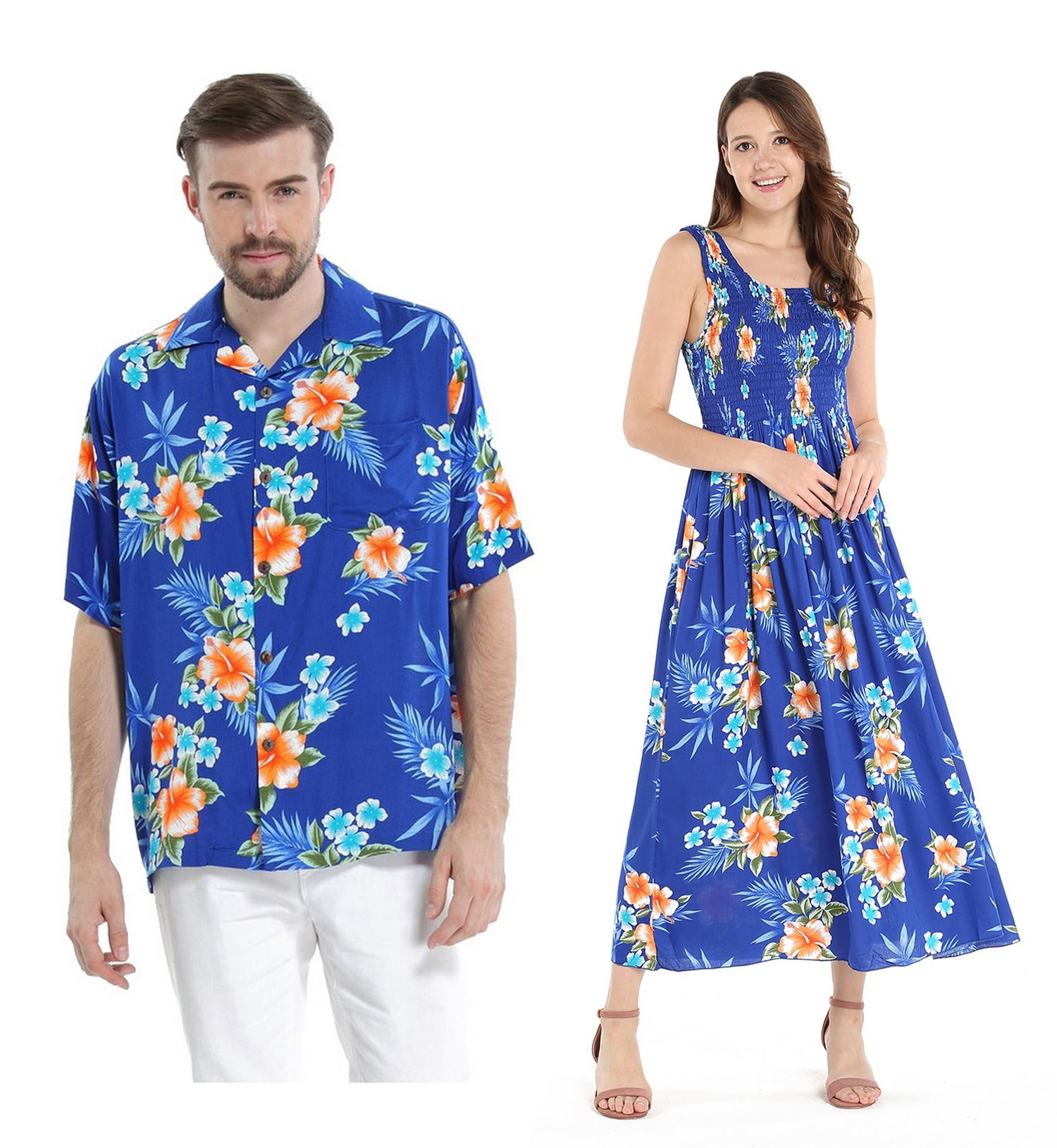 Couple Matching Hawaiian Luau Aloha Shirt Maxi Tank Dress in SunBlue