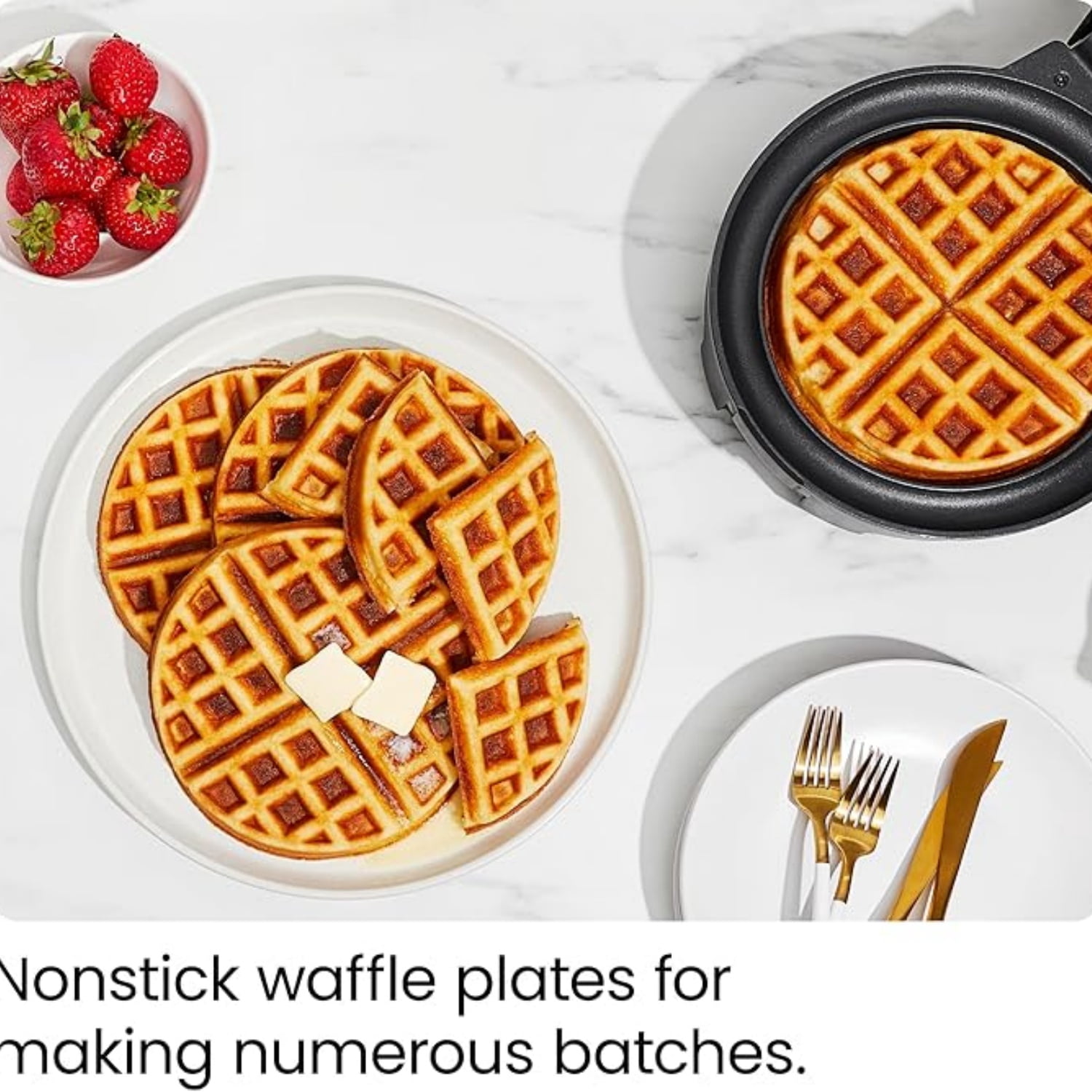 Anti-Overflow Belgian Waffle Maker w/Shade Selector, Temperature Control, Mess Free Moat, Round Iron w/Nonstick Plates & Cool Touch Handle, Measuring Cup Included, Black