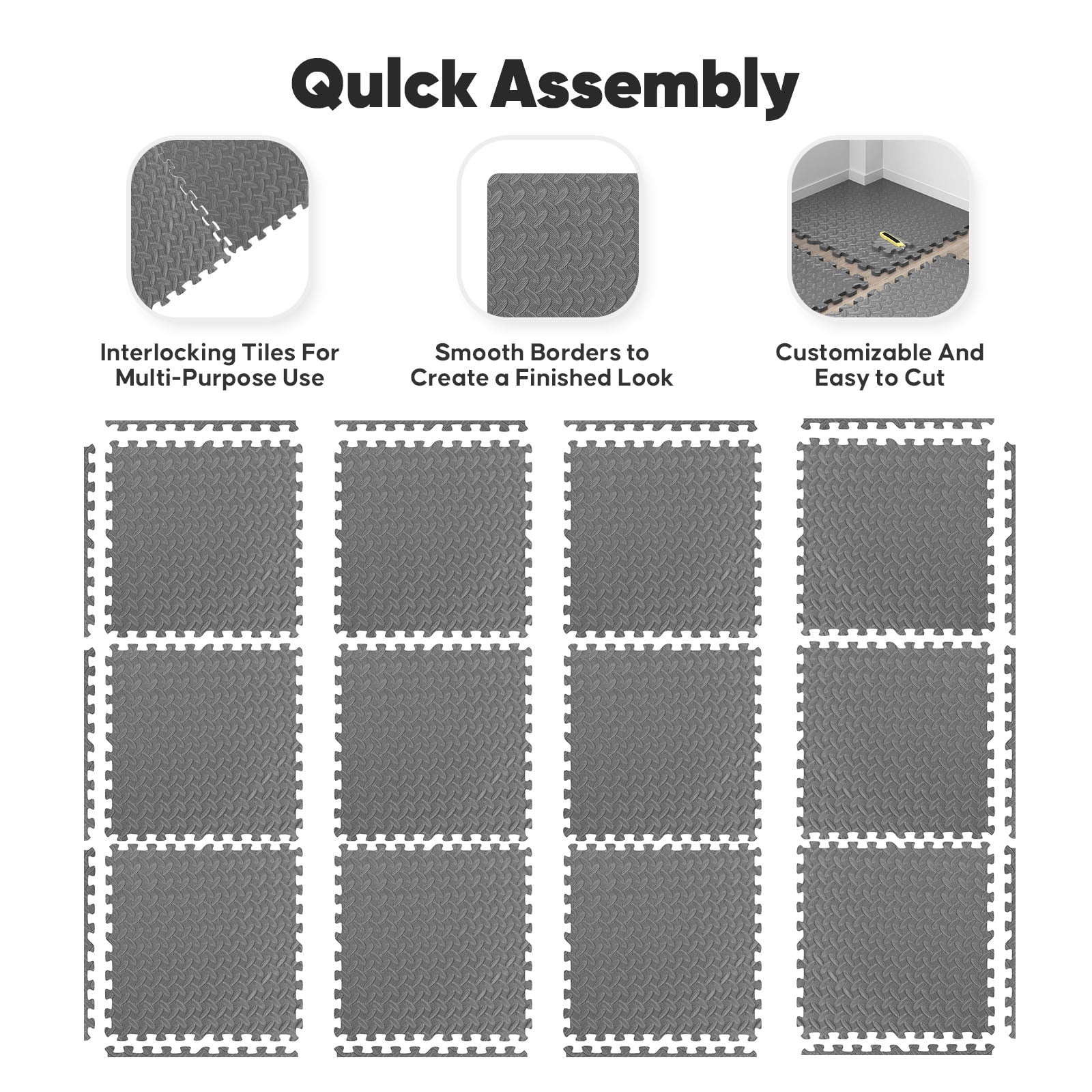 Home Gym Mat, Puzzle Exercise Mat, EVA Interlocking Foam Floor Tiles for Home Workout Equipment and Kids' Play Areas - 24 in x 24 in x ½ in - 12 Tiles Grey