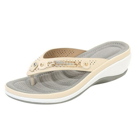 CHOII Clearance Comfortable Women s Orthopedic Sandals Fishmouth Wedges High-heeled Shoes Women s Shoes Sandals Metal Buckle Flip Flops for Women Heightening Wedge Beige/5.5