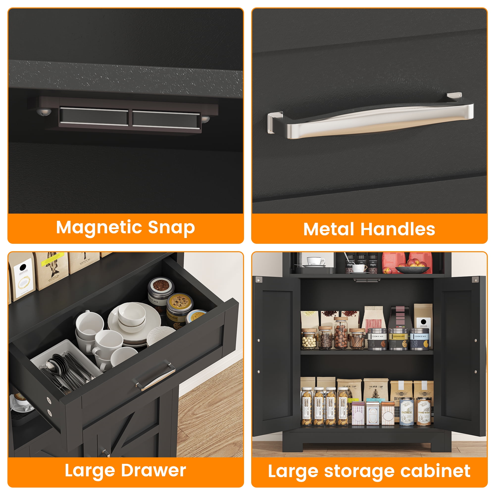 Casendy Kitchen Cabinet with Doors, Farmhouse Pantry Cabinet with Storage Shelf and Drawer, Wooden Kitchen Cupboard Cabinets for Dining Room, Living Room, Black