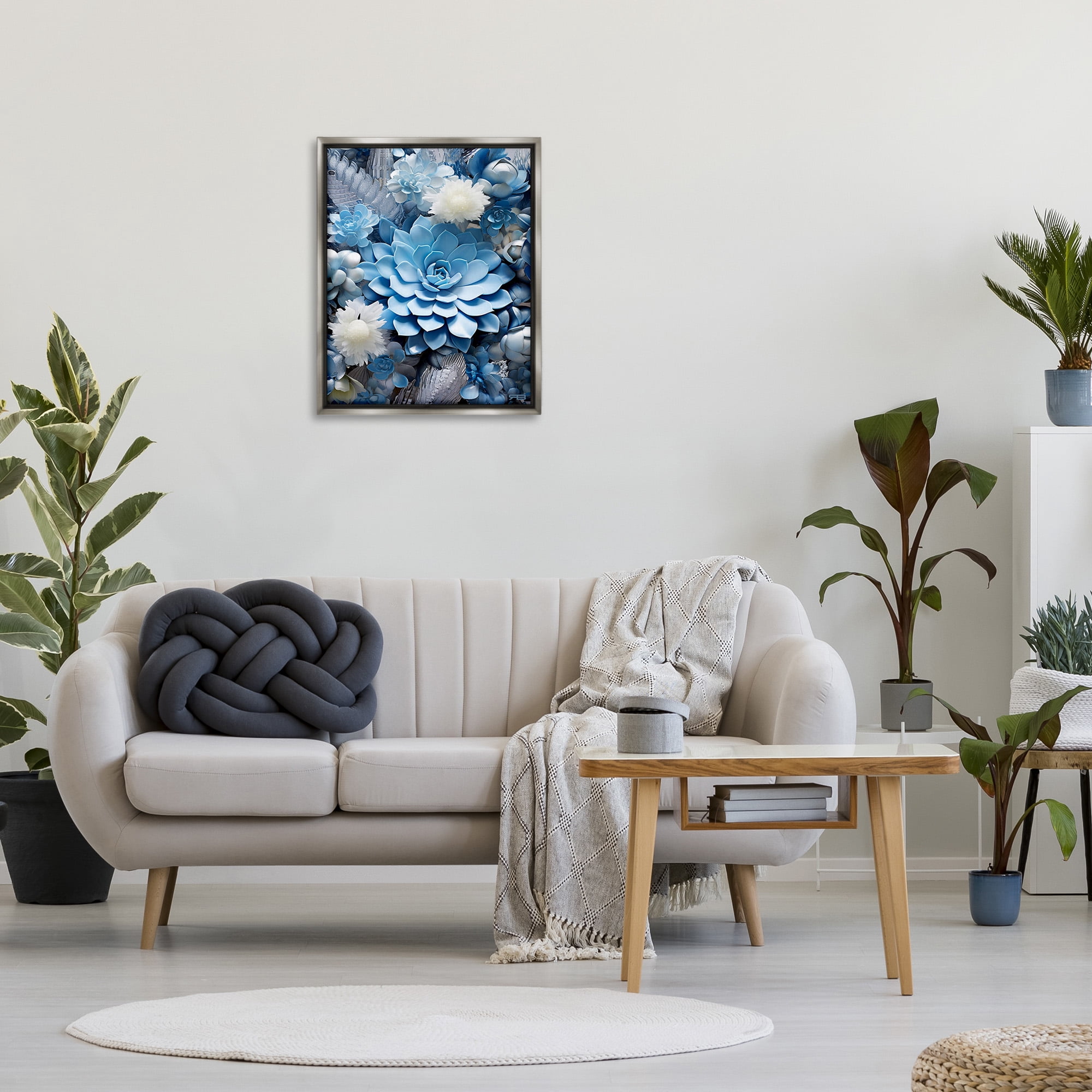 Stupell Industries Blue Varied Succulents Botanical & Floral Painting Gray Floater Framed Canvas Art Print Wall Art, 25 x 31