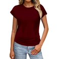 thumbnail image 2 of Tittly T Shirts for Women Basic Tees Womens Summer Tops Trendy 2025 Ruched Cap Short Sleeve Tshirts Shirts Crew Neck T Shirts Fashion Tshirts Shirts Tops for Women Trendy Wine M, 2 of 9